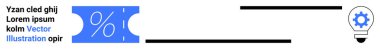 Ampulün yanında yüzde işareti olan mavi bilet. Ticari çözümler, promosyonlar, indirimler, yaratıcılık, fikirler, stratejiler ve problem çözme için idealdir. Soyut çizgi düz metafor