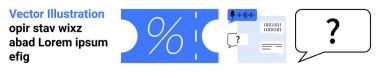 Yüzde indirim kuponu, fatura belgesi ve soru işaretli bir konuşma balonu. Finans, iletişim, destek, pazarlama, FAQ, e-ticaret ve soyut düz metafor için ideal