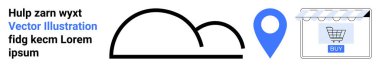 Eğri çizgi, lokasyon iğnesi, vitrin vitrinleri ve araba sembolü. E-ticaret, perakende satış, dijital pazarlama, iş, yerel mağazalar çevrimiçi hizmetler sade iniş sayfası afişi için ideal