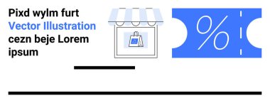 Çizgili tente ve alışveriş çantası illüstrasyonlu mağaza vitrininde yüzde işareti olan mavi indirim kuponunun yanında. E-ticaret, promosyonlar, anlaşmalar, satışlar, küçük işletmeler, perakende pazarlama için ideal