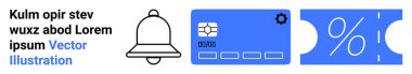 Bildirim zili, ayarlı kredi kartı simgesi ve indirim kuponu uyarıları, ödemeleri ve teklifleri sembolize ediyor. E-ticaret, finans, pazarlama, çevrimiçi hizmet indirimleri için ideal