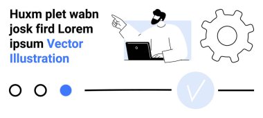 Adam dizüstü bilgisayarda çalışırken işaret ediyor, dişli tekerlek ayarları sembolize ediyor, işaretliyor, düğmeleri açıyor, ve minimalist tasarımda daireler çiziyor. İş akışı, proje yönetimi, teknoloji ayarları için ideal