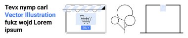 Alışveriş arabası, kutlama balonları ve paket ile stilize edilmiş dijital mağaza önü, e-ticaret, kutlamalar ve lojistiğin birleşimi. Perakende satış, tatil, teknoloji pazarlama kampanyaları ve daire için ideal