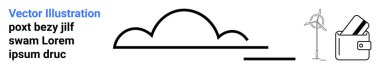 Üç element arasında bir rüzgar türbini, bir cüzdan ve basit bir plandaki bir bulut simgesi yer alıyor. Yenilenebilir enerji, çevre dostu finans, yeşil teknoloji, çevresel sürdürülebilirlik, temiz enerji için ideal