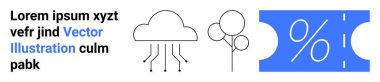 Bulut yayan veri çizgileri, çizilmiş iki ağaç ve yüzde sembollü mavi indirim kuponu. Doğa için ideal, indirimler, teknoloji, veri akışı, pazarlama, sürdürülebilirlik soyut çizgi