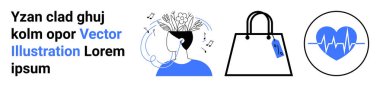Yaratıcı beyin unsurları olan müzik dinleyen kişi etiketli el çantası, kalp atışı ikonu. Kişisel bakım, ruh sağlığı, perakende, moda, sağlık, fitness düz iniş sayfası afişi için ideal