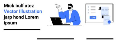 Erkek ofis çalışanı dizüstü bilgisayar üzerinde çalışırken el kol hareketi yapıyor, faturalarla ödeme yapıyor. Dijital ödemeler, görev yönetimi, çevrimiçi platformlar, üretkenlik, finans, uzaktan çalışma için ideal