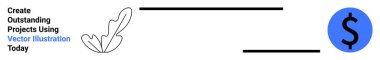 Cesur bir mavi dolar ikonunun yanında özet çizilmiş soyut yaprak. Tasarım, finans, sanat tanıtımı, yaratıcılık, markalaşma, modern iş, düz iniş sayfası afişi için ideal
