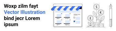 Çizgili tenteli e-ticaret mağazası, döviz sembollü büyüme bitkisi ve bir dolmakalem. Çevrimiçi iş için ideal, dijital pazarlama, e-ticaret, finans, yatırım