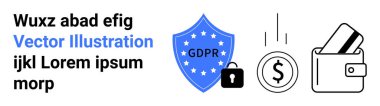 GDPR kalkanı mavi, kilitlenmiş, oklarla işaretlenmiş dolar, kredi kartlı cüzdan. Veri koruması, güvenlik, finans, gizlilik politikası, işlemler, bankacılık için ideal