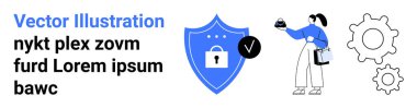 Kalkanın yanında kilit ve kontrol işaretli bir cihaz tutan kadın, dişli ana hatlarıyla birlikte siber güvenliği, veri korumasını, yeniliği, takım çalışmasını, sistem optimizasyonunu, eğitimi, düz inişi simgeliyor.