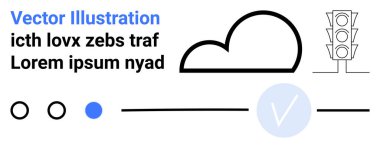 Siyah çizgili soyut bulut, trafik lambalı trafik ışığı ve çeşitli dairesel elementler. Teknoloji, hava tahmini, kentsel planlama, kullanıcı arayüzü tasarımı, minimal tasarım için ideal