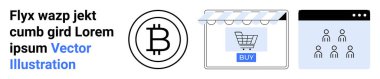 Bitcoin para birimi simgesi, satın alma düğmeli e-ticaret mağazası ve grup sohbet penceresi dijital ticareti, kripto para birimini ve takım çalışmasını araştırıyor. Sanal iş için ideal, uygulamalar, pazarlama, fintech