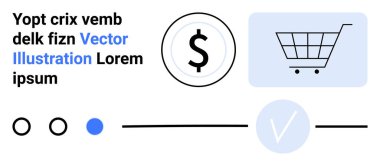 Bir dolar işareti, soyut metin ve seyir elemanlarının yanında alışveriş arabası simgesi. E-ticaret, çevrimiçi alışveriş, perakende, mağaza yönetimi, dijital işlemler, finans pazarlama platformları için ideal
