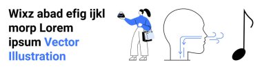 Mikrofon taşıyan kadın, yan görüş solunum diyagramı ve ses egzersizlerini, konuşmayı, ses yaratmayı, kendini ifade etmeyi, eğitimi, müziği ve refahı gösteren nota. Daire için ideal