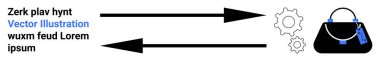 Ayarları birbirine bağlayan iki kalın ok ve bir el çantası moda ya da teknolojide süreci, iletişimi ya da iş akışını simgeler. Takım çalışması, süreç illüstrasyonu, e-ticaret, yenilik için ideal