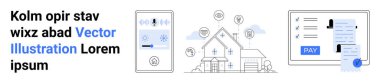 Smartphone with voice control, house surrounded by icons, digital payment screen. Ideal for technology, smart homes, IoT, fintech, data security automation modern living illustration. Abstract line clipart