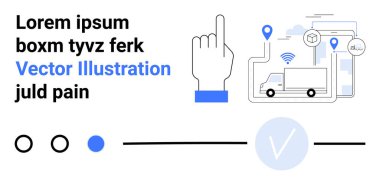 Yükseltilmiş işaret parmağı, GPS simgeli kamyonet, bağlı cihazlar. Lojistik yönetimi, ulaşım, filo takibi, bağlantı, navigasyon, tedarik zinciri teması için ideal