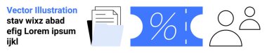 Belgeler içeren klasör, yüzde işaretli mavi bilet ve iki kullanıcı simgesi. Soyut bir çizgi olarak iş, finans, indirim, takım çalışması, dosyalama, organizasyon ve tanıtım kampanyaları için ideal