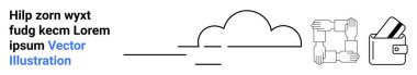 Bulut simgesi, kare oluşturan dört el ve kredi kartlı cüzdan. Teknoloji, işbirliği, güvenlik, finans, dijital ağ veri depolama için ideal. İniş sayfası