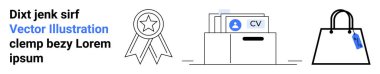 Ödül kurdelesi tanınmayı, işe alım veya iş arama özgeçmişleri içeren klasörü simgeliyor ve alışveriş torbası perakende veya tüketiciliği ön plana çıkarıyor. Kariyer başarısı, işe alım, işe alım, başarı için ideal