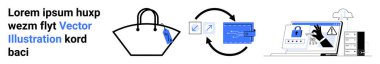 Etiketli alışveriş çantası, kredi kartı, işlemleri gösteren oklar, kilit simgeleri ve ekran alarmı. Dijital güvenlik, e-ticaret, ödeme güvenliği, dolandırıcılığı çevrimiçi önleme için ideal