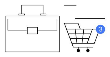 Alışveriş arabasının yanında mavi uyarı ikonu olan bir iş çantası. E-ticaret, ticaret, alışveriş, perakende, çevrimiçi satışlar, bildirimler ve verimlilik temaları için ideal. Satır metaforu