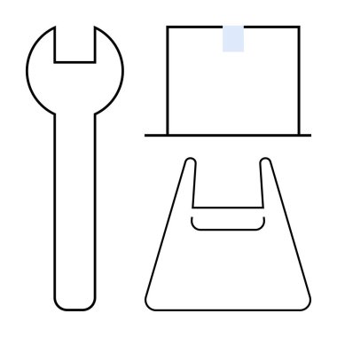 İngiliz anahtarı, bant kutusu ve alışveriş çantası taslağı. Hizmet sektörü, lojistik, onarım, dış ticaret, perakende taşımacılık ve ticaret için idealdir. Minimalist siyah ve beyaz tasarım soyut çizgi düz