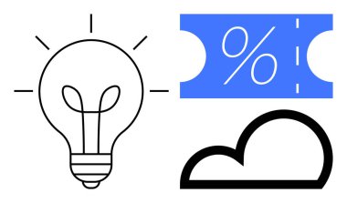 Işıklı ampul, bulut sembolü, mavi bilette yüzde işareti. Yenilik için ideal, bulut hizmetleri, indirimler, fiyatlandırma stratejileri, dijital pazarlama e-ticaret teknolojisi çözümleri. Soyut çizgi