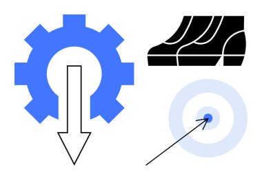 Okla vites, adımlarla vites, okla hedef. Verimlilik, otomasyon, ilerleme, başarı, hassas hedef belirleme süreci optimizasyonu için idealdir. Soyut çizgi düz metafor