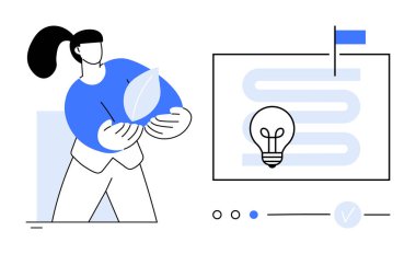 Kadın karakter akış çizelgesinin yanında ampul ve bayrak ile yaprak tutuyor. Sürdürülebilirlik, yenilik, çevre bilinci, yeşil enerji projeleri, çevre dostu uygulamalar, süreç optimizasyonu için ideal