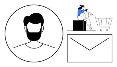 Çemberde sakallı yüzü olmayan bir adamın portresi alışveriş arabasının yanında tablet kullanan bir kadın ve büyük, çizilmiş bir zarf. Dijital iletişim, e-ticaret, müşteri hizmetleri için ideal