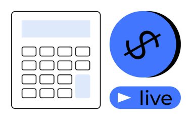 Hesap makinesi ve canlı tuşlu bir dolar. Finans, bütçe, çevrimiçi işlemler, canlı finansal analiz, finansal eğitim, muhasebe, webinarlar için idealdir. Mavi ve beyaz soyut