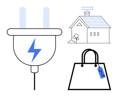 Yıldırımlı fiş, antenli güneş enerjili ev ve fiyat etiketli alışveriş çantası. Sürdürülebilir yaşam için ideal, yeşil enerji, akıllı teknoloji, e-ticaret, yenilenebilir kaynaklar
