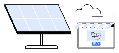 Bir bilgisayar ekranının yanında bir alışveriş arabası simgesini satın alma düğmesiyle gösteren güneş paneli. Yenilenebilir enerji, sürdürülebilirlik, çevre dostu alışveriş, e-ticaret, teknoloji, yeşil ürünler için ideal
