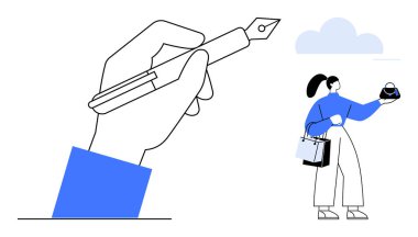 El ele tutuşma, yazma ya da yaratıcılığı gösterir. Alışveriş çantalı ve çantalı bir kadın ticaret ya da perakende satış öneriyor. Arka plandaki bulut hayal gücü ya da dijital alan hakkında ipuçları verir. İdeal