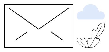 Minimalist bir bulut ve yaprağın eşlik ettiği, temiz çizgileri olan bir zarf. İletişim, doğa, basitlik, dijital mesajlaşma, çevre bilinci, çevre dostu kavramlar, posta