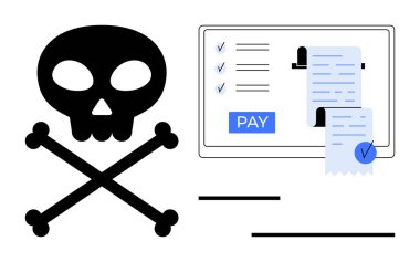 Kafatası ve çapraz kemikler dijital ödeme ekranının yanında. Liste ve makbuzla birlikte. Dijital güvenlik, çevrimiçi dolandırıcılık, korsanlık etkisi, mali tehditler, siber suç, e-ticaret güvenliği, risk