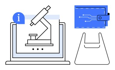 Bilgisayarda mikroskop, devre tasarımlı dijital cüzdan ve alışveriş çantası yeniliği temsil ediyor. Teknoloji, araştırma, dijital bankacılık, e-ticaret, çevrimiçi alışveriş, eğitim için ideal