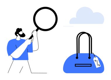 Elinde büyüteç tutan adam mavi bulutun altında üzerinde fiyat etiketi olan bir el çantasını inceliyor. Çevrimiçi alışveriş, ürün denetimi, kalite kontrolü, alışveriş rehberleri, perakende, tüketici değerlendirmeleri için ideal