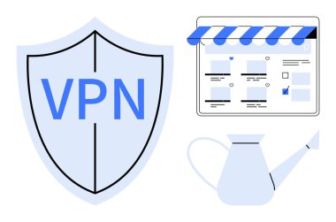 VPN sembollü kalkan güvenliği vurguluyor. Tentenin altındaki web tarayıcı penceresi çevrimiçi mağaza olduğunu gösteriyor. Sulama büyümeyi ya da beslenmeyi temsil edebilir. Siber güvenlik, ekommerce, koruma için ideal, çevrimiçi