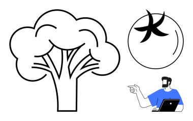 Dairesel tasarımın yanındaki soyut brokoli resimlerinde dizüstü bilgisayar noktalarını kullanan bir adam. Sağlıklı yaşam için ideal, dijital sanat, eğitim, yaratıcılık, teknoloji, soyut düşünce, refah. Soyut çizgi