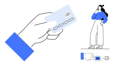 El ele tutuşan kredi kartı, arka planda düşünen bir kadın, parmak online reklam düğmesine basan bir kadın. Mali kararlar, tüketici davranışı, çevrimiçi alışveriş, pazarlama stratejileri, dijital