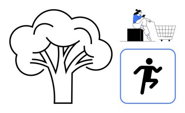 Siyah ağaç çizgisi, tramvayla alışveriş yapan biri, mavi sınırda koşan biri. Sürdürülebilirlik için ideal, yaşam tarzı seçimleri, perakende, sağlık, egzersiz doğa minimalizmi. Soyut satırı temizle
