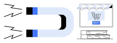 Mıknatıs, ekranında Buy düğmesi ve alttaki rafta kitapları olan çevrimiçi bir mağazaya yıldırımlar çekiyor. E-ticaret, pazarlama, müşteri edinme, çevrimiçi alışveriş, iş için ideal