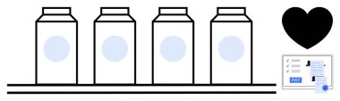 Rafta duran süt kutuları, siyah kalp sembolü ve online ödeme arayüzü. E-ticaret, tüketici malları, çevrimiçi alışveriş, dijital işlem, gıda endüstrisi, dijital pazarlama için ideal