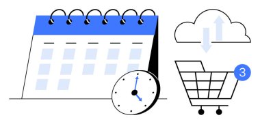 Sarmal ciltli takvim, saat, oklu bulut ve tebligatlı alışveriş arabası. Zaman yönetimi, programlama, e-ticaret, bulut hesaplama, çevrimiçi alışveriş için ideal