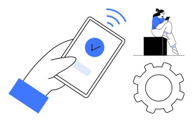 Üzerinde işaret olan akıllı telefon, cihaz ve teçhizat kullanan kişi. Teknoloji, mobil uygulamalar, verimlilik, uzaktan çalışma, güvenlik dijital yaşam tarzı ve otomasyon için ideal. Satır metaforu