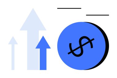 Açık mavi ve mavi renkli farklı boylarda yükselen oklar ve yanında bir dolar işareti olan büyük mavi bir sikke. Finans, yatırım, başarı, ekonomik büyüme, iş tahminleri, değer