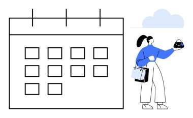 Elinde kahve tutan, alışveriş poşetleri taşıyan, takvimin yanında duran haftalık manzaralı bir kadın. Günlük programlama, zaman yönetimi, planlama, organizasyon, üretkenlik, yaşam tarzı dengesi için ideal